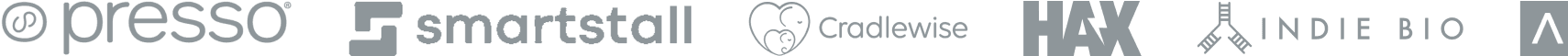 Partner logos including Presso, Smartstall, Cradlewise, HAX, and Indie Bio